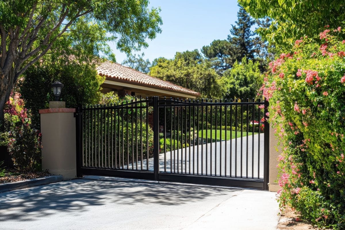 A picture of a gate in summer.